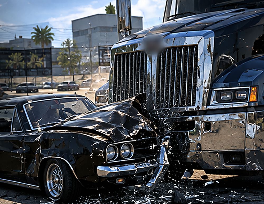 Arte conceitual: carro clássico preto com a frente amassada após uma batida de frente com um caminhão