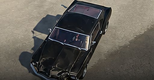 Arte conceitual: carro preto visto de cima, com o capô amassado após uma batida de frente