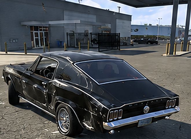 Arte conceitual: carro preto estilo fastback com amassados na lateral, em um posto de combustível