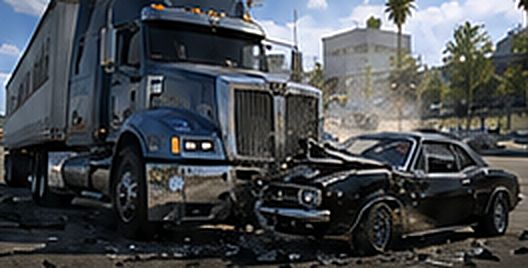 Arte conceitual: caminhão atingindo a frente de um carro preto, com destroços na pista